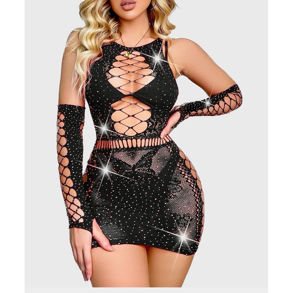 Black Rhinestone Fishnet Bodycon Mini Dress with Arm Warmers Clubwear Lingerie